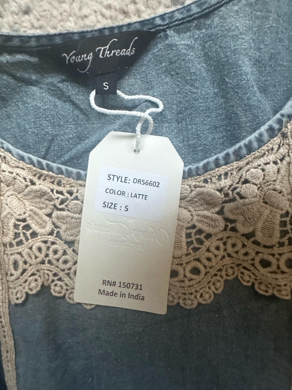 NWT YOUNG THREDS Blue and Cream Lace Panel Midi Dress - Picture 3 of 5